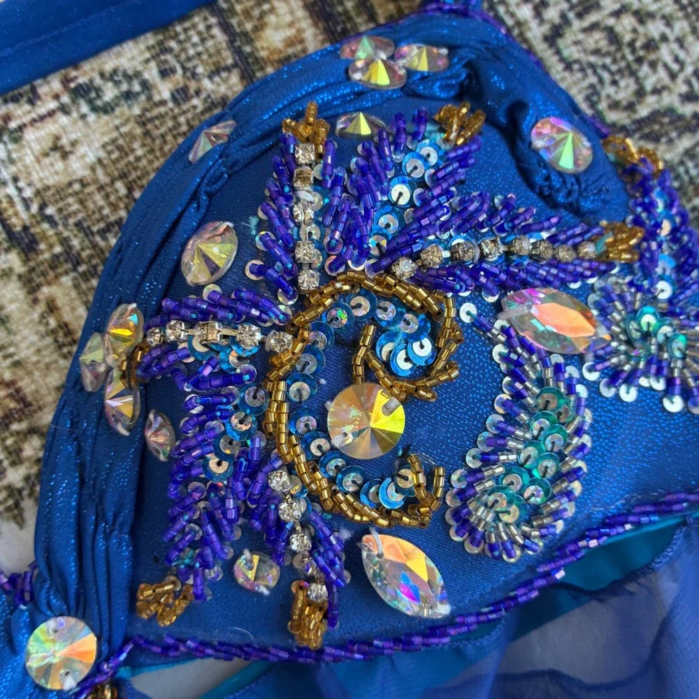 Hand Beaded Bedlah Blue Belly Dancing Costume Set Bra Top and Harem Pants